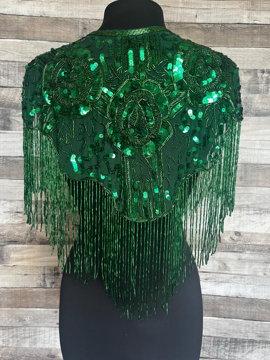 3 Rose Back Green Sequin Glass Beaded & Sequin Lace Collar with Tube Bugle Bead Fringe Shoulder Shrug Shawl Applique Wrap