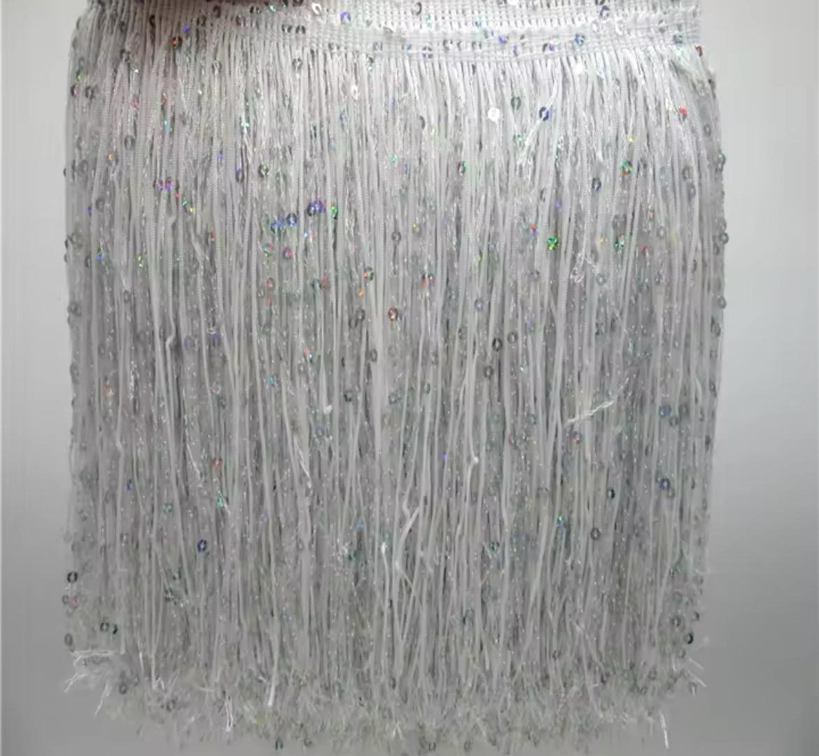 By the Yard-8" WHITE with SILVER laser Sequins CHAINETTE Fabric Fringe Lampshade Lamp Costume Trim