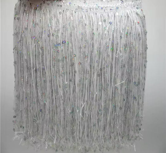By the Yard-8" WHITE with SILVER laser Sequins CHAINETTE Fabric Fringe Lampshade Lamp Costume Trim