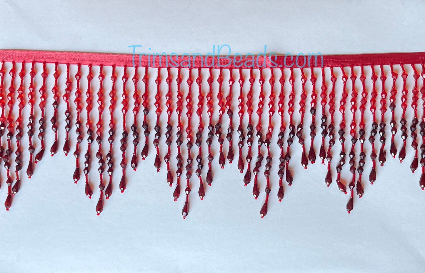 5" RED/BURGUNDY Acrylic & Glass CHEVRON Bead Beaded Fringe Teardrop Ends Lamp Costume Trim