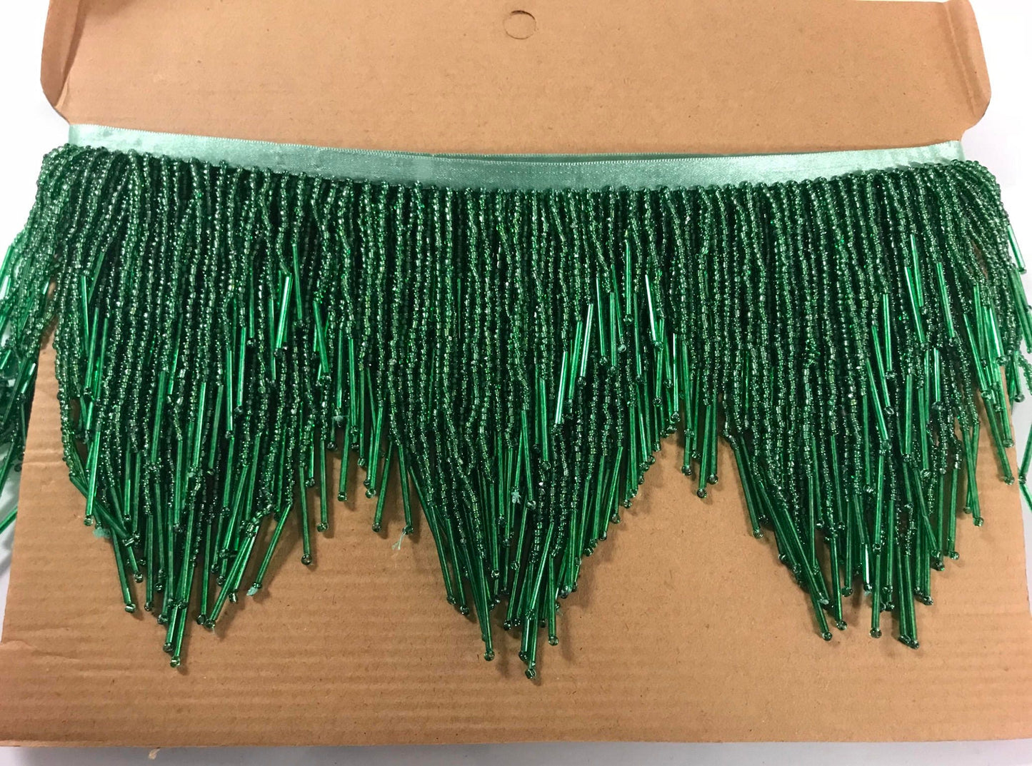 6" Green Glass SEED & Bugle Bead Beaded Fringe CHEVRON Lamp Costume Trim Variegated