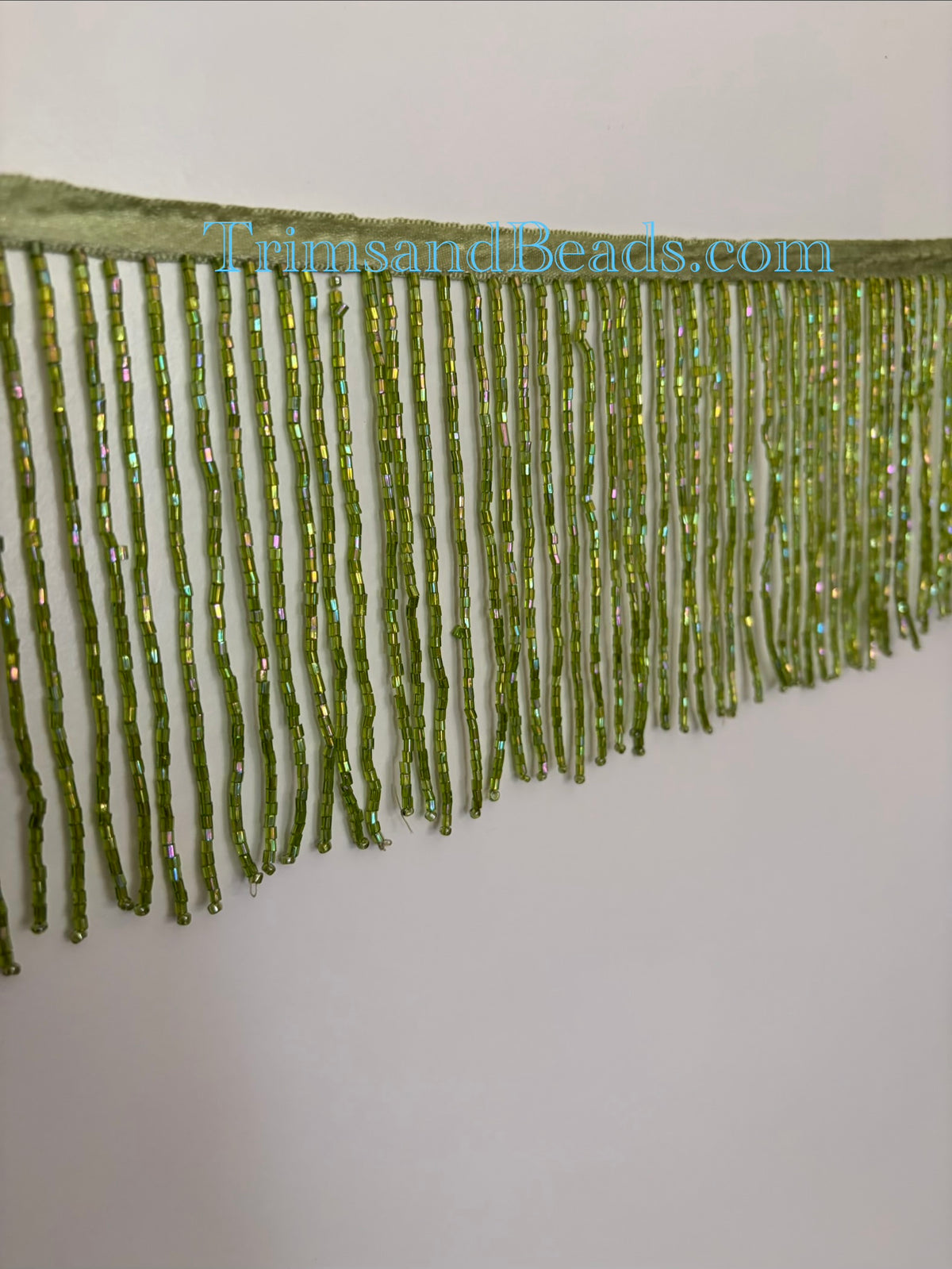 4" LIME AB Glass BUGLE Bead Beaded Fringe Lamp Costume Trim