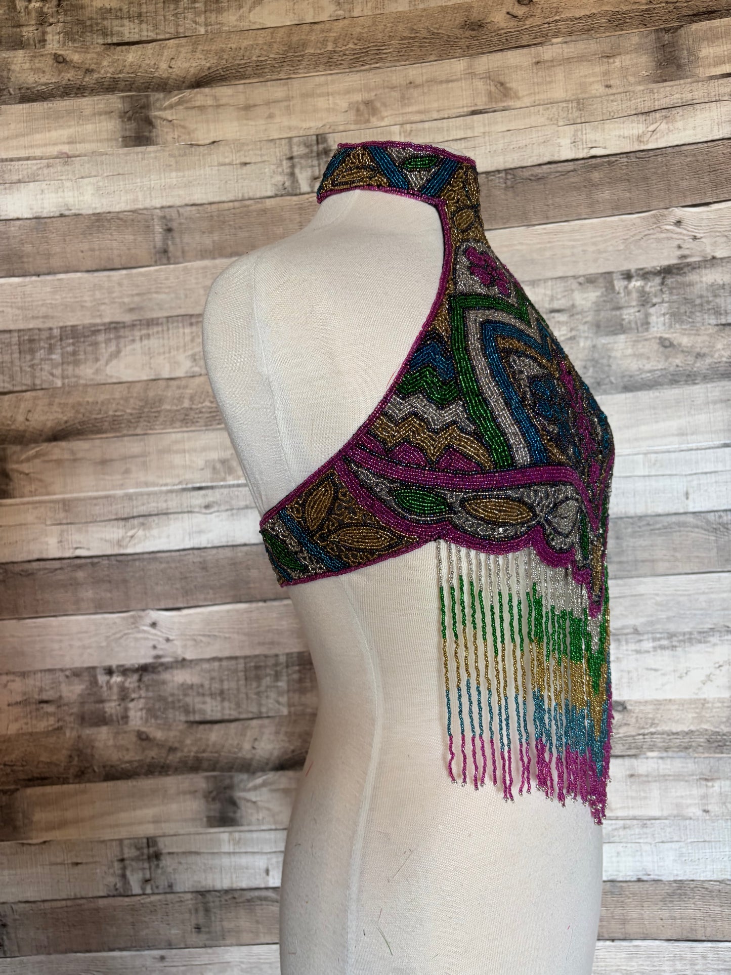 Glass Seed Bead Halter Crop Top with long Fringe