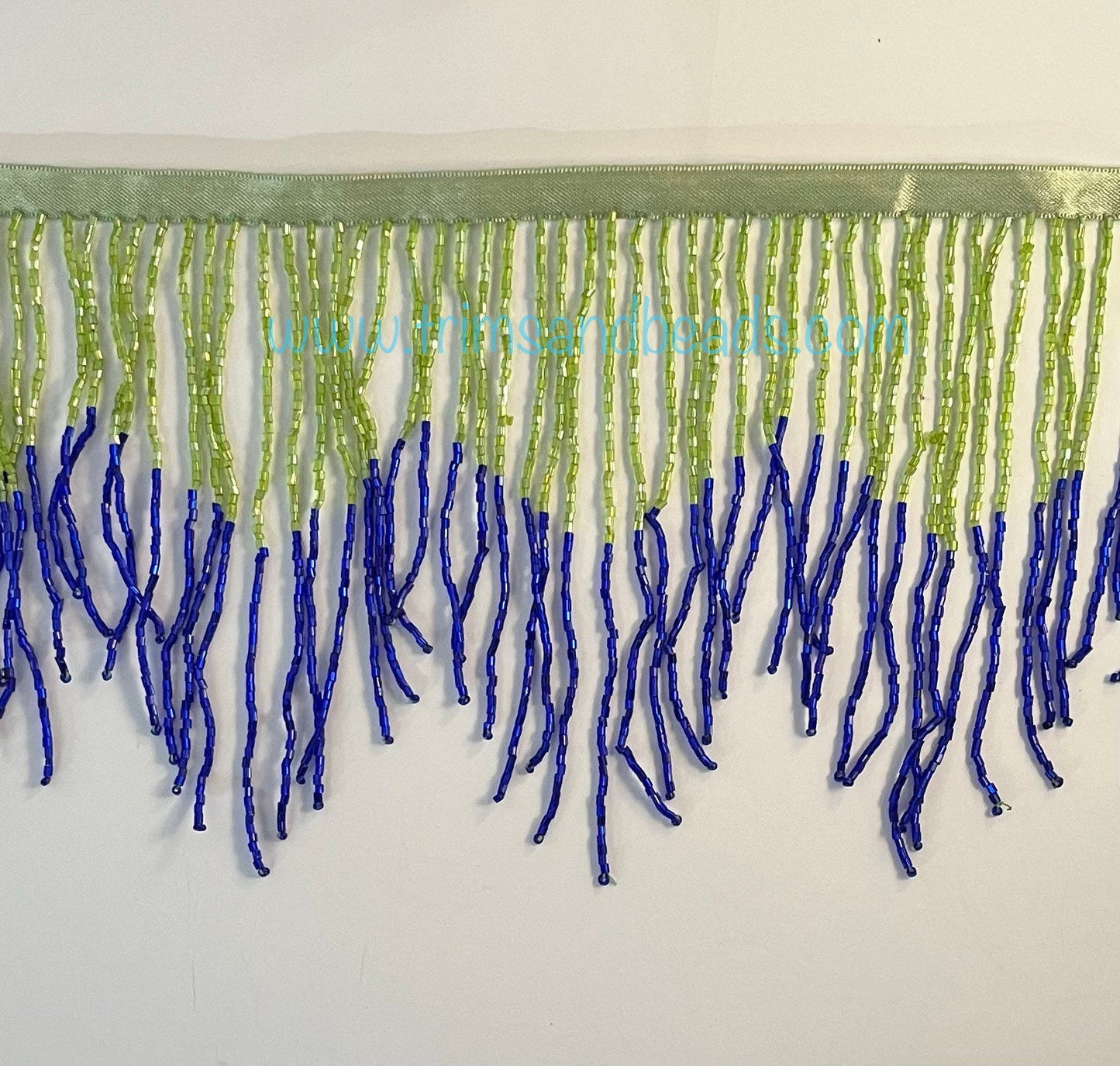 6" LIME Green/Dark Royal BLUE Ombre Chevron Glass BUGLE Bead Beaded Fringe Lamp Costume Trim Variegated