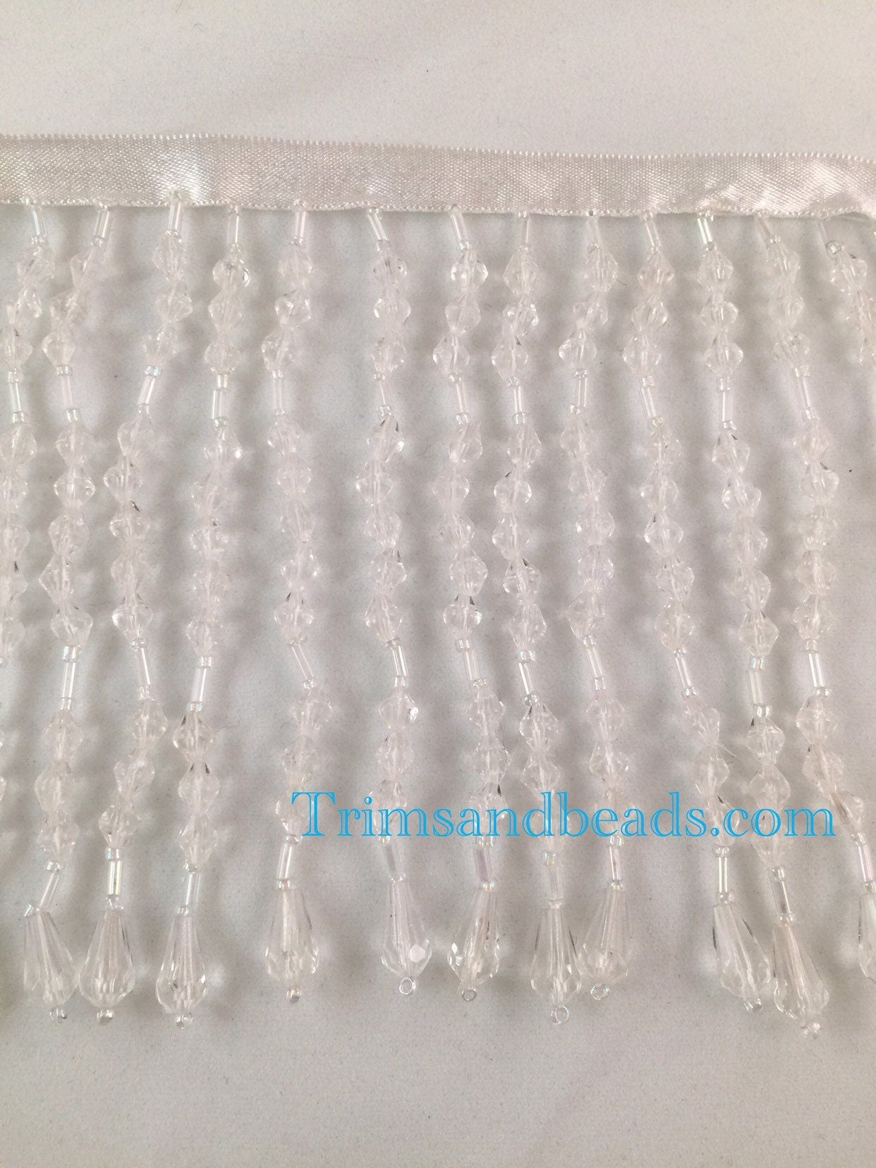 By the Yard CLEAR 5" Acrylic Teardrop with Glass Bugle and Seed Bead Beaded Fringe Lamp Costume Trim
