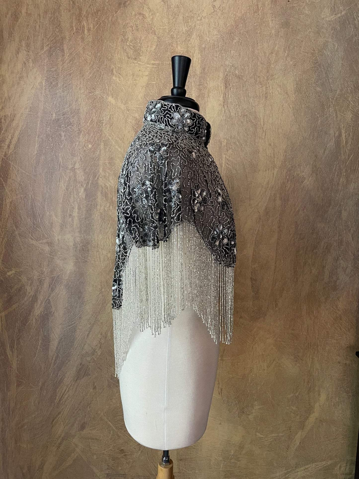 Silver on Black Mesh Sequin Glass Flower Beaded & Sequin Lace Collar Shoulder Shrug Shawl Applique Wrap Western Rodeo