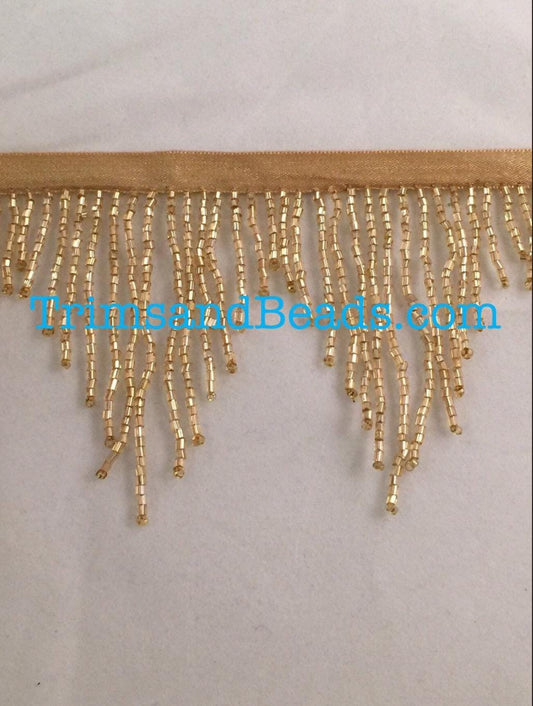 3" GOLD Glass CHEVRON Bugle Bead Beaded Fringe Lamp Costume Trim