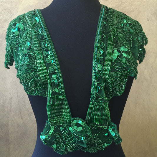 Sequin Glass Beaded & Sequin Wrap Lace Collar Shoulder Shrug Shawl Applique Green Vintage