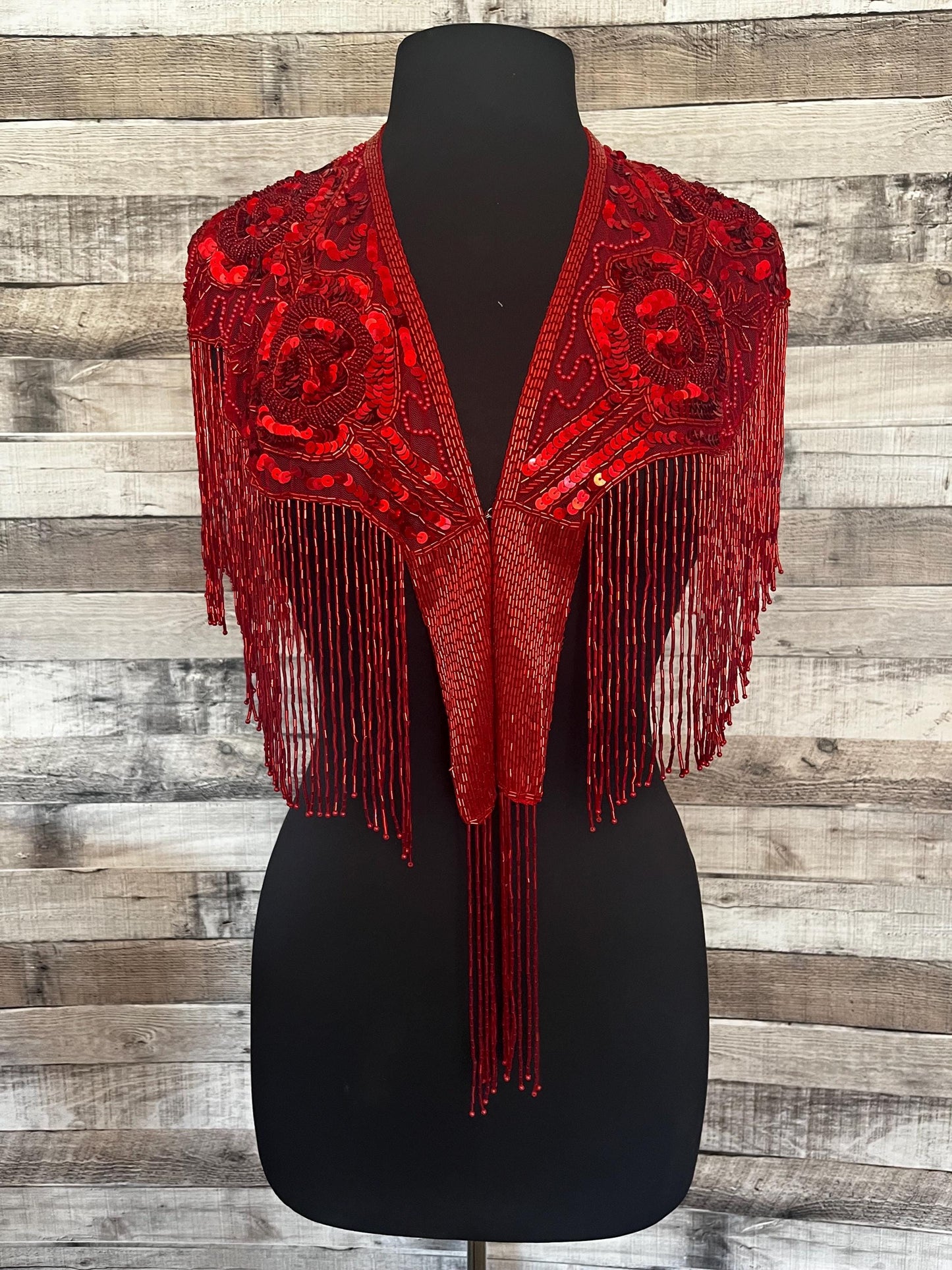 RED Sequin Glass Rose Beaded & Sequin Lace Collar Shoulder Shrug Shawl Applique Wrap Western Rodeo