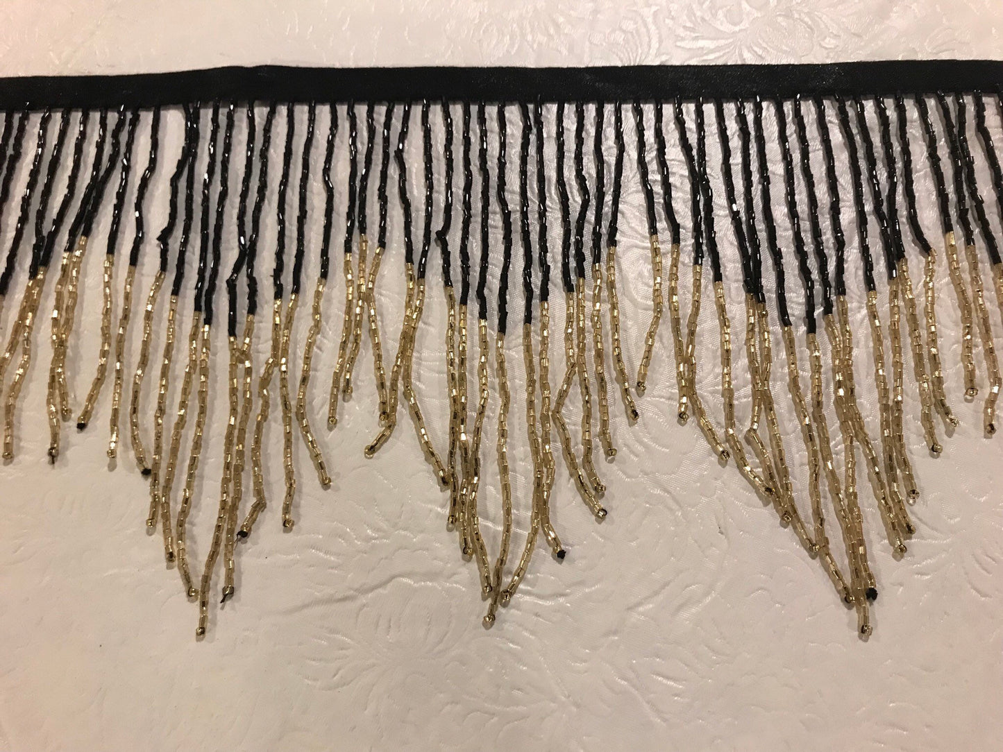 6" Black/Gold CHEVRON Glass BUGLE Bead Beaded Fringe Lamp Costume Trim Variegated