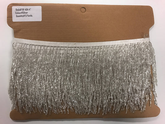 4" SILVER Glass BUGLE Bead Beaded Fringe Lamp Costume Trim