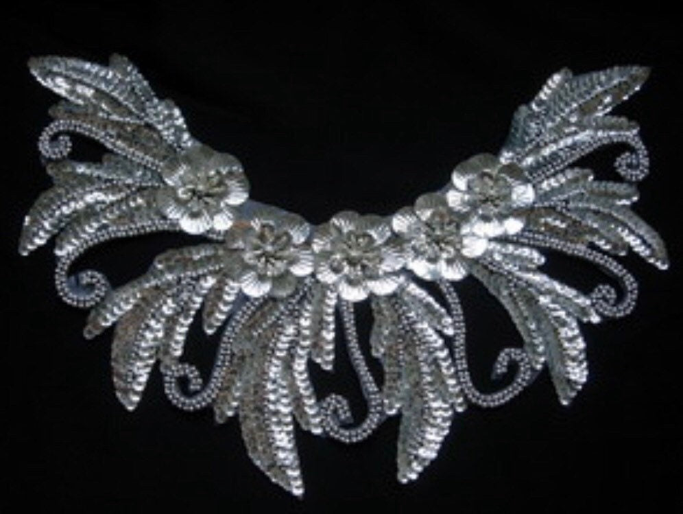 Large Silver Bead Sequin Sew Applique FLOWER Floral Leaves
