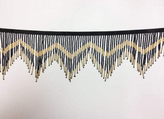 5 Yard Bolt 6" Black & Gold Glass Seed Bugle Beaded Fringe Chevron Lamp Costume Trim