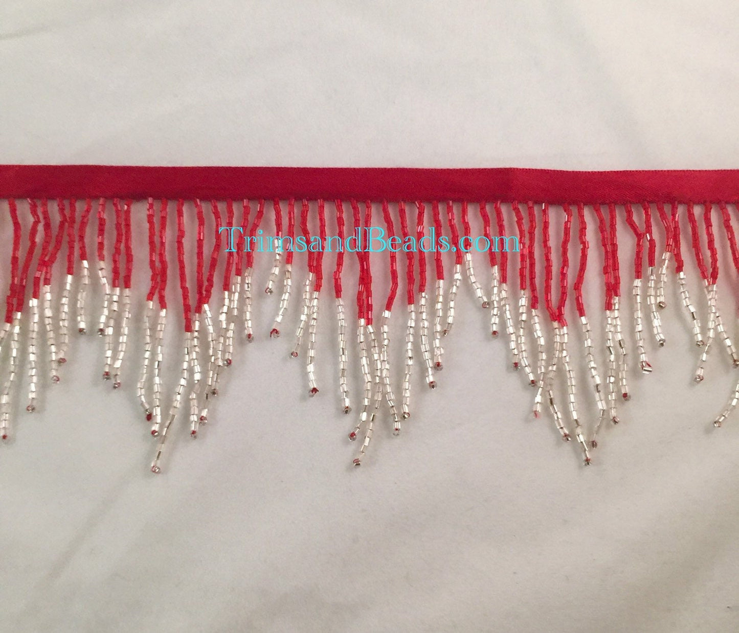 3" RED/SILVER Glass CHEVRON Bugle Bead Beaded Fringe Lamp Costume Trim Variegated