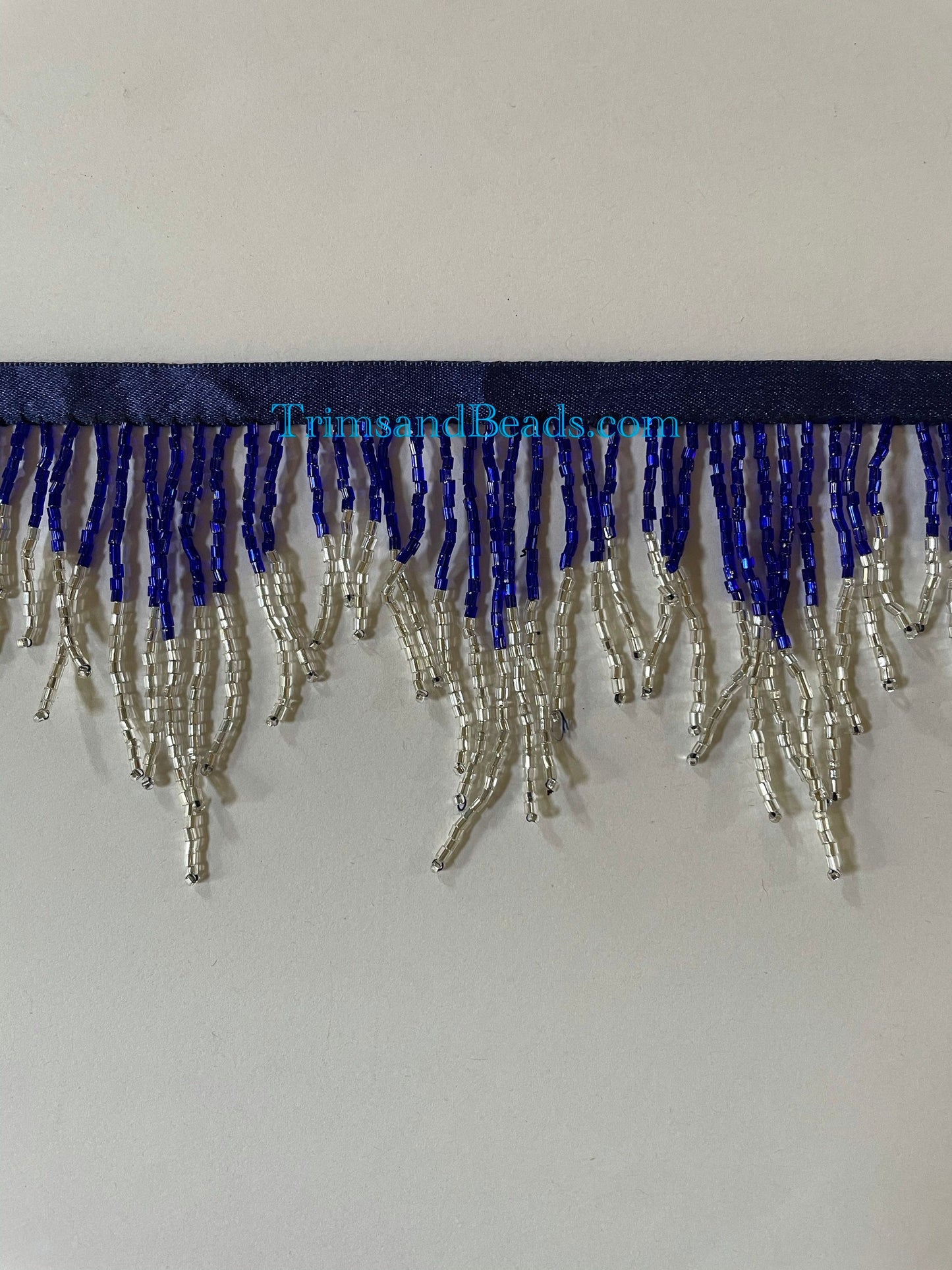 3" Dark Royal Blue/Silver Glass CHEVRON Bugle Bead Beaded Fringe Lamp Costume Trim Variegated