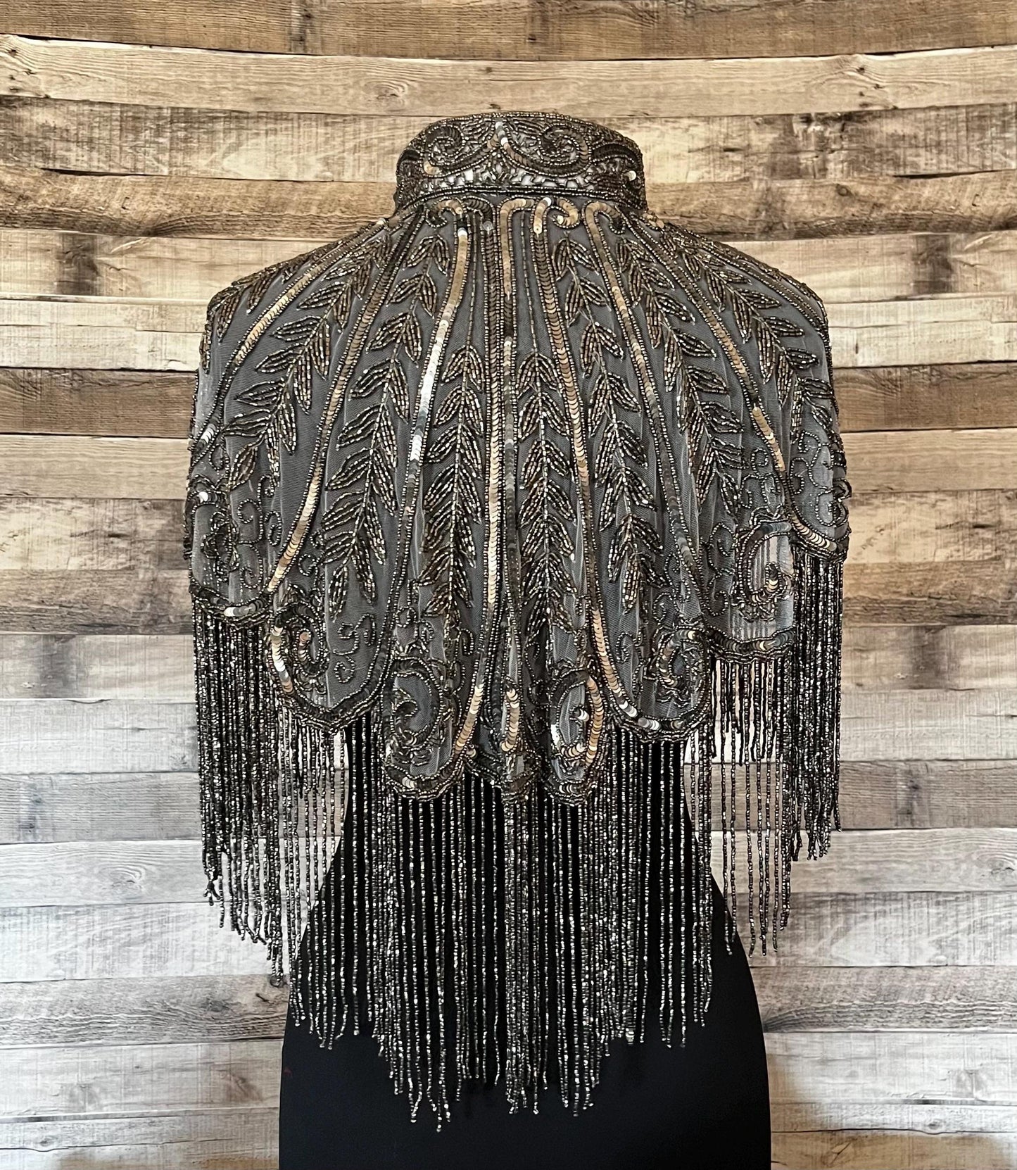 DARK SILVER Fringe Sequin Glass Beaded & Sequin Collar Shoulder Shrug Shawl Applique Wrap Western Rodeo
