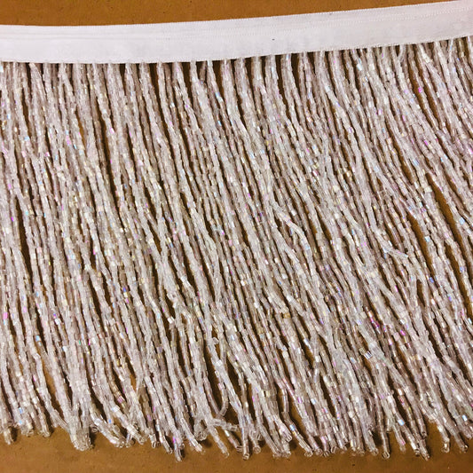 6" IRIDESCENT Clear White Crystal AB Glass BUGLE Bead Beaded Fringe Lamp Costume Trim