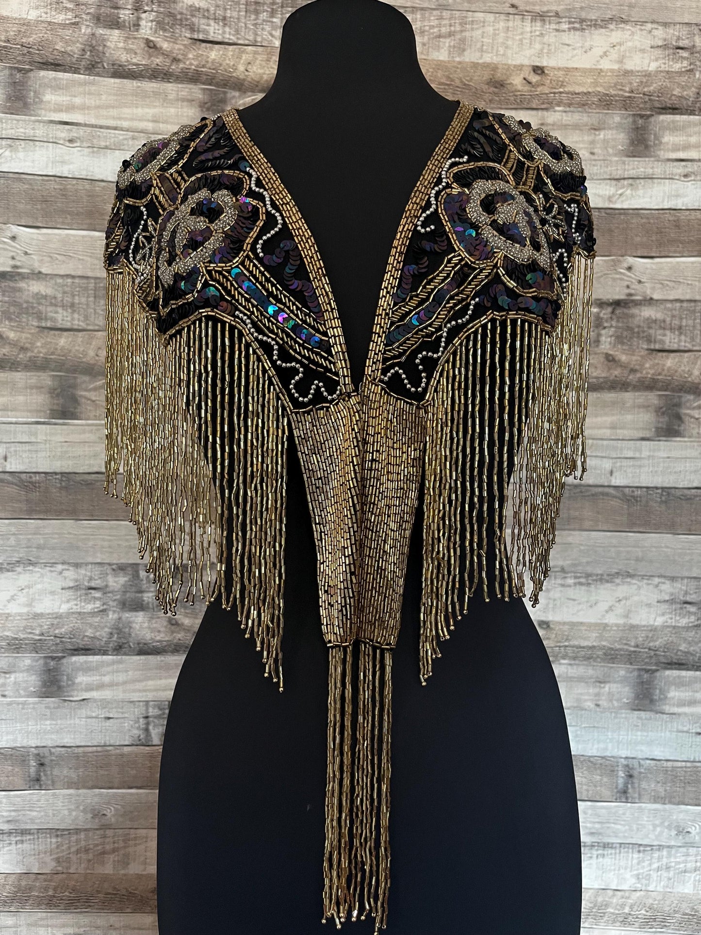 BLACK AB/GOLD Sequin Glass Rose Beaded & Sequin Lace Collar Shoulder Shrug Shawl Applique Wrap Bridal