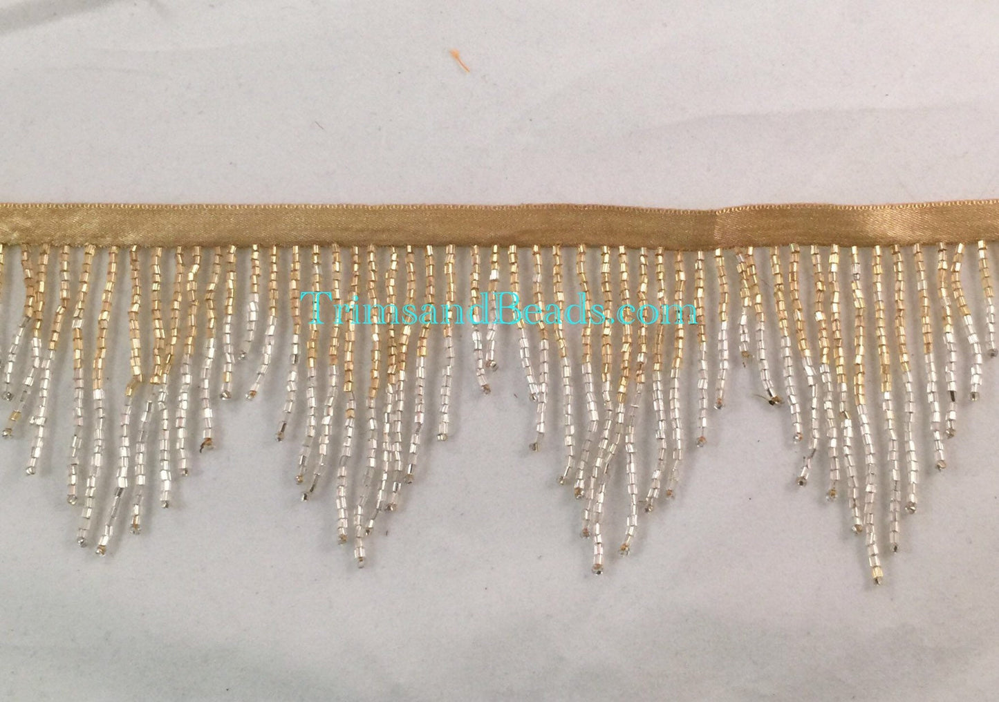 3" GOLD/SILVER Ombre Glass CHEVRON Bugle Bead Beaded Fringe Lamp Costume Trim Variegated