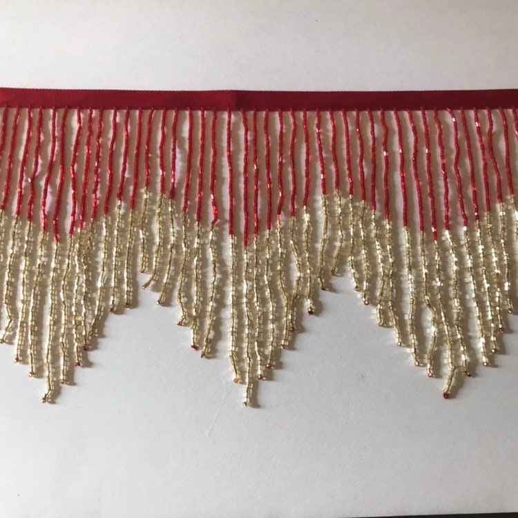 6" Red & Gold Glass BUGLE BEAD Beaded Fringe CHEVRON Lamp Costume Trim Verigated