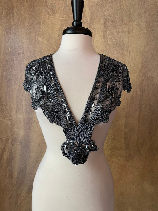 Gunmetal Gray Sequin Glass Beaded & Sequin Wrap Lace Collar Shoulder Shrug Shawl Applique