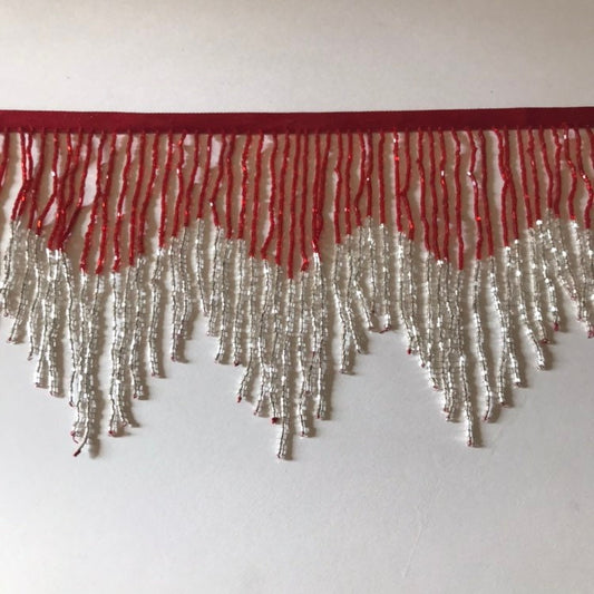 5 Yard Bolt 6.5" RED & SILVER Glass BUGLE Bead Beaded Fringe Chevron Lamp Costume Trim Variegated