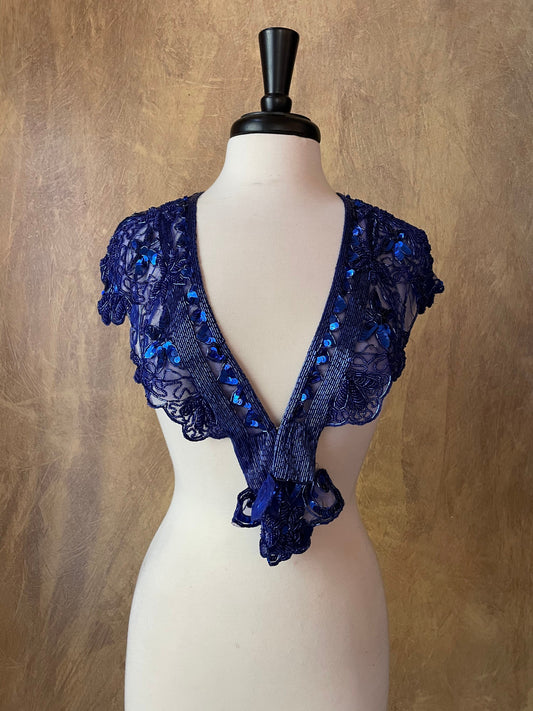 Royal Blue Sequin Glass Beaded & Sequin Wrap Lace Collar Shoulder Shrug Shawl Applique Vintage