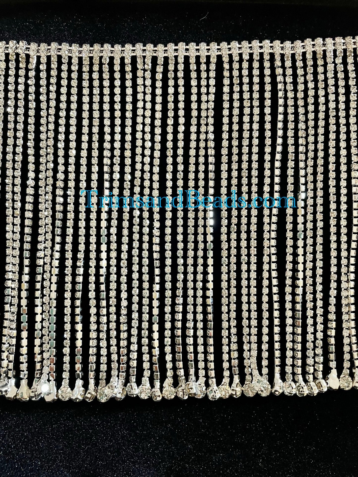 5.5”-SILVER CLEAR Glass RHINESTONE Silver Set Metal Fringe with Large Round Drop Ends