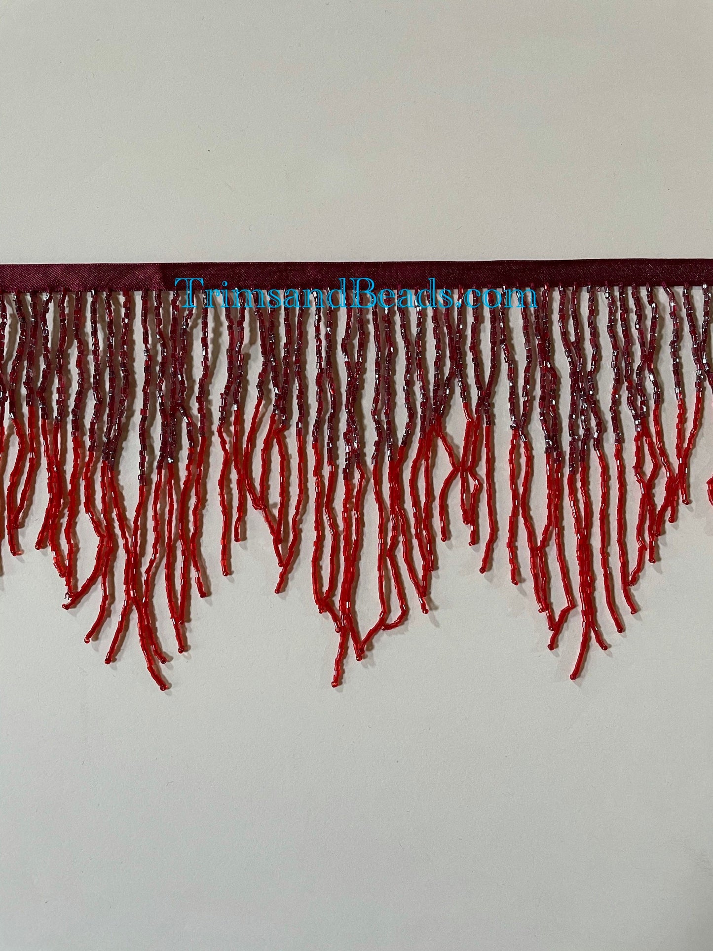 6" Burgundy/Red Ombre CHEVRON Glass BUGLE Bead Beaded Fringe Lamp Costume Trim Variegated