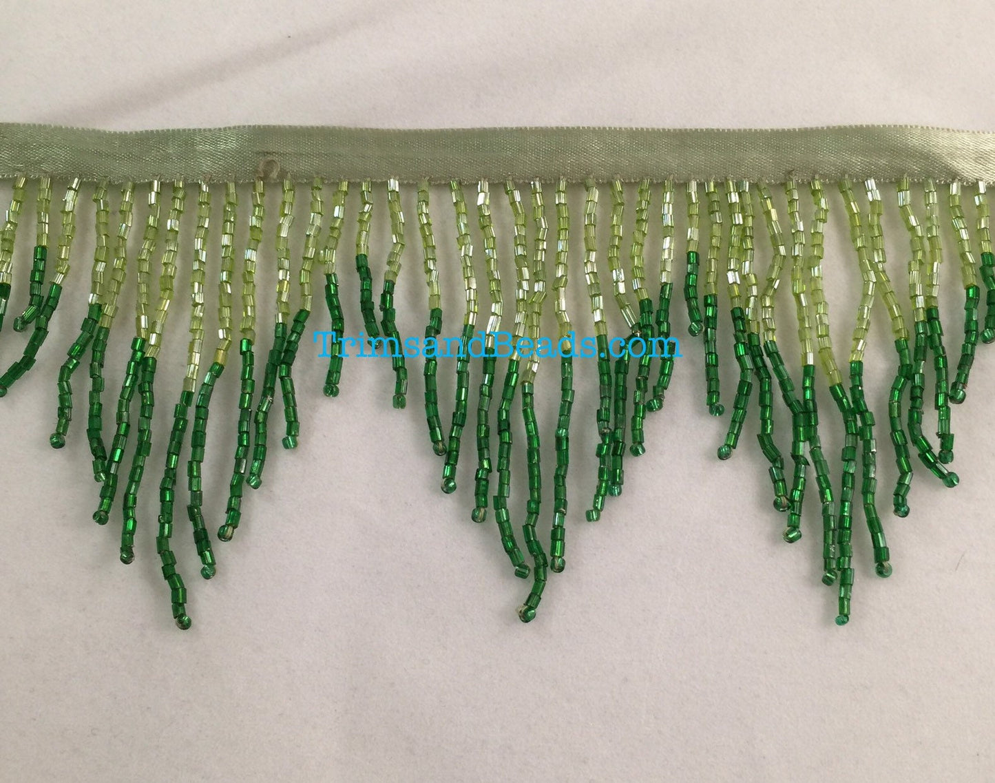 3" Lime/Emerald GREEN Glass CHEVRON Bugle Bead Beaded Fringe Lamp Costume Trim Variegated