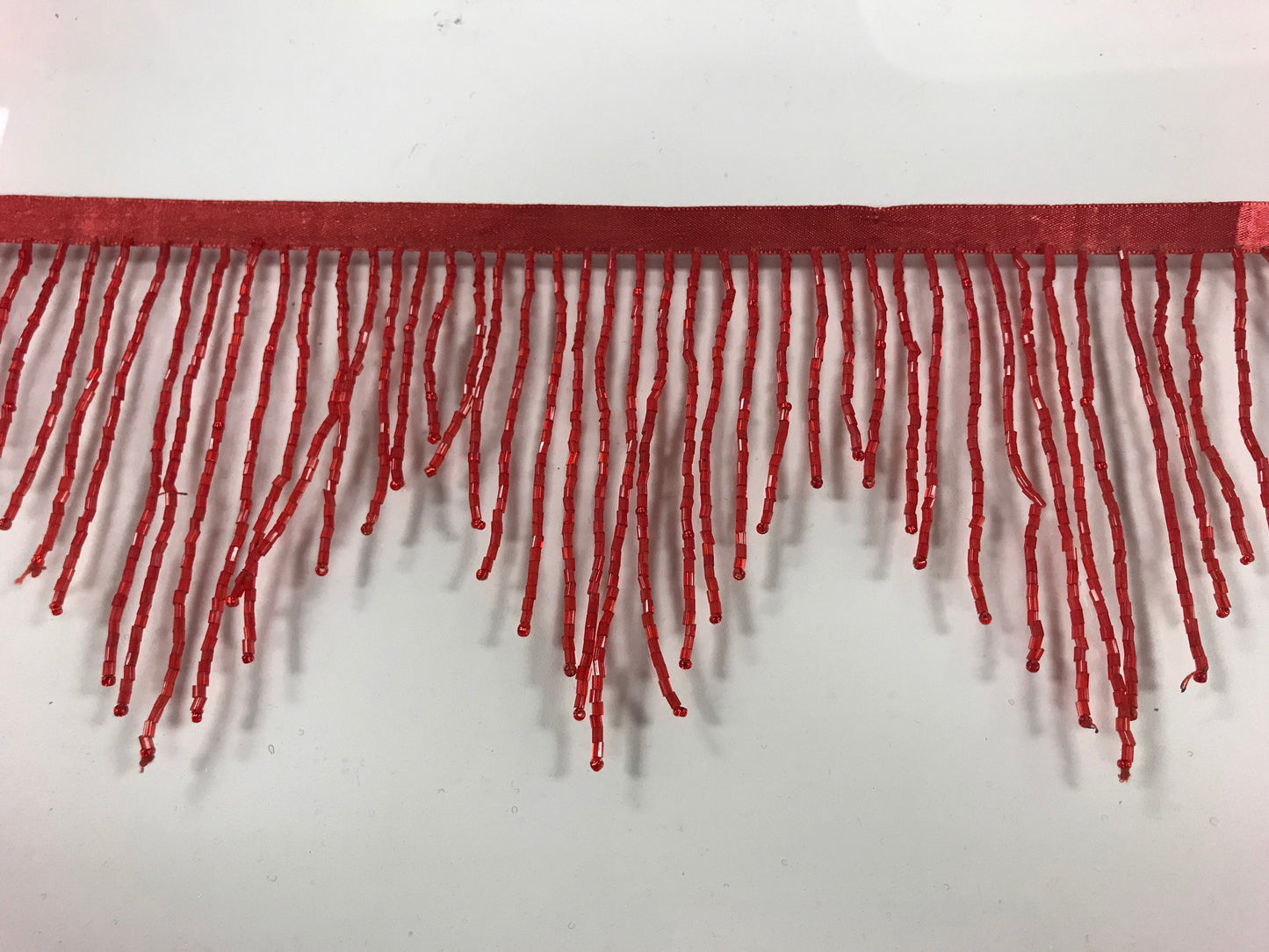 4" RED Glass CHEVRON BUGLE Bead Beaded Fringe Lamp Costume Trim Choose LengthVariegated