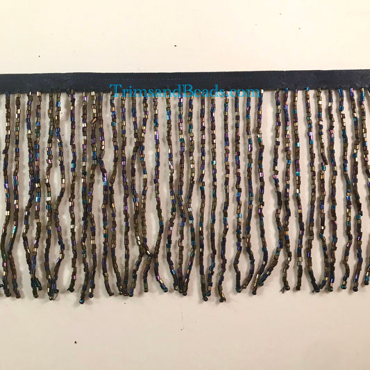 3/3.5" Iridescent BLACK AB Glass BUGLE Bead Beaded Fringe Lamp Costume Trim
