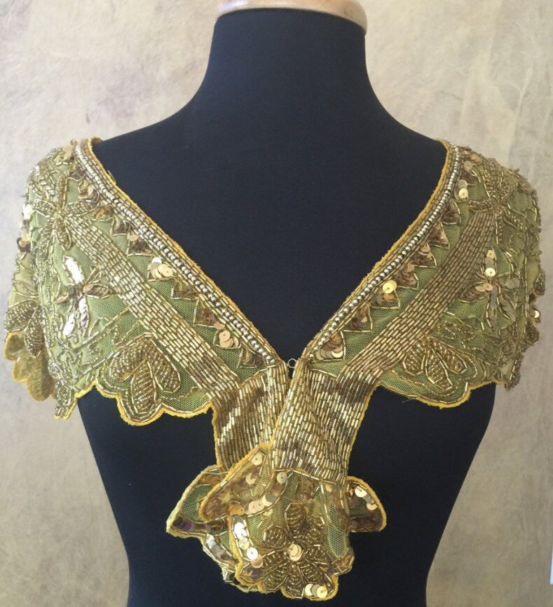 Sequin Glass Beaded & Sequin Lace Wrap Collar Shoulder Shrug Shawl Applique Gold Vintage Bridal