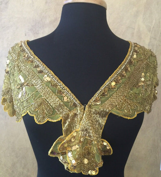 Sequin Glass Beaded & Sequin Lace Wrap Collar Shoulder Shrug Shawl Applique Gold Vintage Bridal