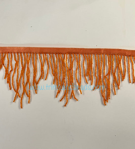 4" ORANGE Glass CHEVRON BUGLE Bead Beaded Fringe Lamp Costume Trim Variegated