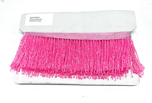 3" NEON Hot PINK Glass BUGLE Bead Beaded Fringe Lamp Costume Trim