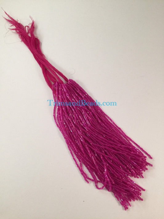 100 Pieces FUCHSIA PINK Droppers Individual 6 Inch Glass BUGLE Bead Fringe Strands for Hand Sewing