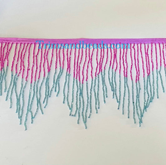 6" Hot PINK/TEAL Chevron Glass BUGLE Bead Beaded Fringe Lamp Costume Trim Variegated