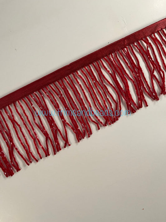 3” CRANBERRY RED Glass BUGLE Bead Beaded Fringe Lamp Costume Trim By the Yard