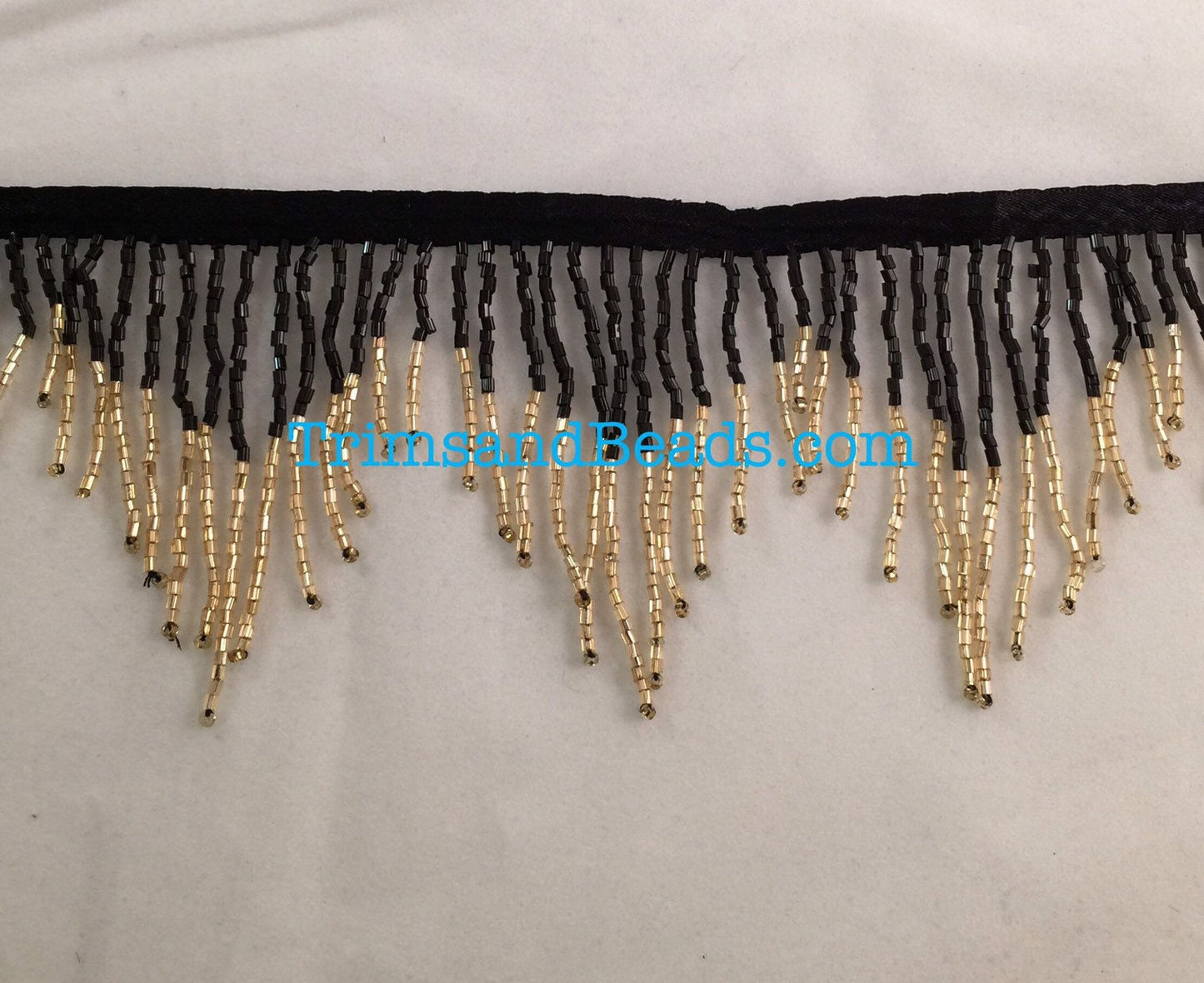 3" BLACK/GOLD Glass CHEVRON Bugle Bead Beaded Fringe Lamp Costume Trim Variegated