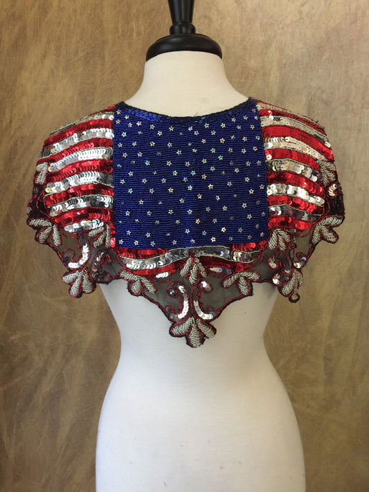 Patriotic Sequin Glass Beaded & Sequin Wrap Lace Collar Shoulder Shrug Shawl Applique Vintage