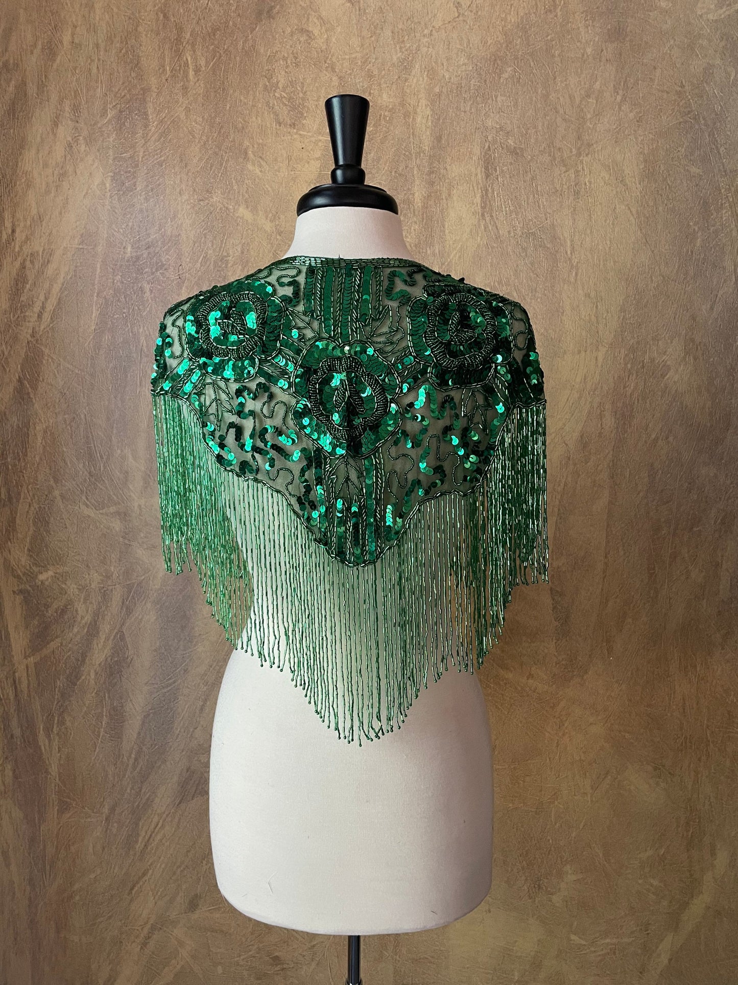 GREEN Sequin Glass Rose Beaded & Sequin Lace Collar Shoulder Shrug Shawl Applique Wrap Bridal
