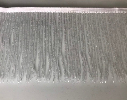 6/6.5" CLEAR with WHITE Lining Glass SEED Bead Beaded Fringe Lamp Costume Trim