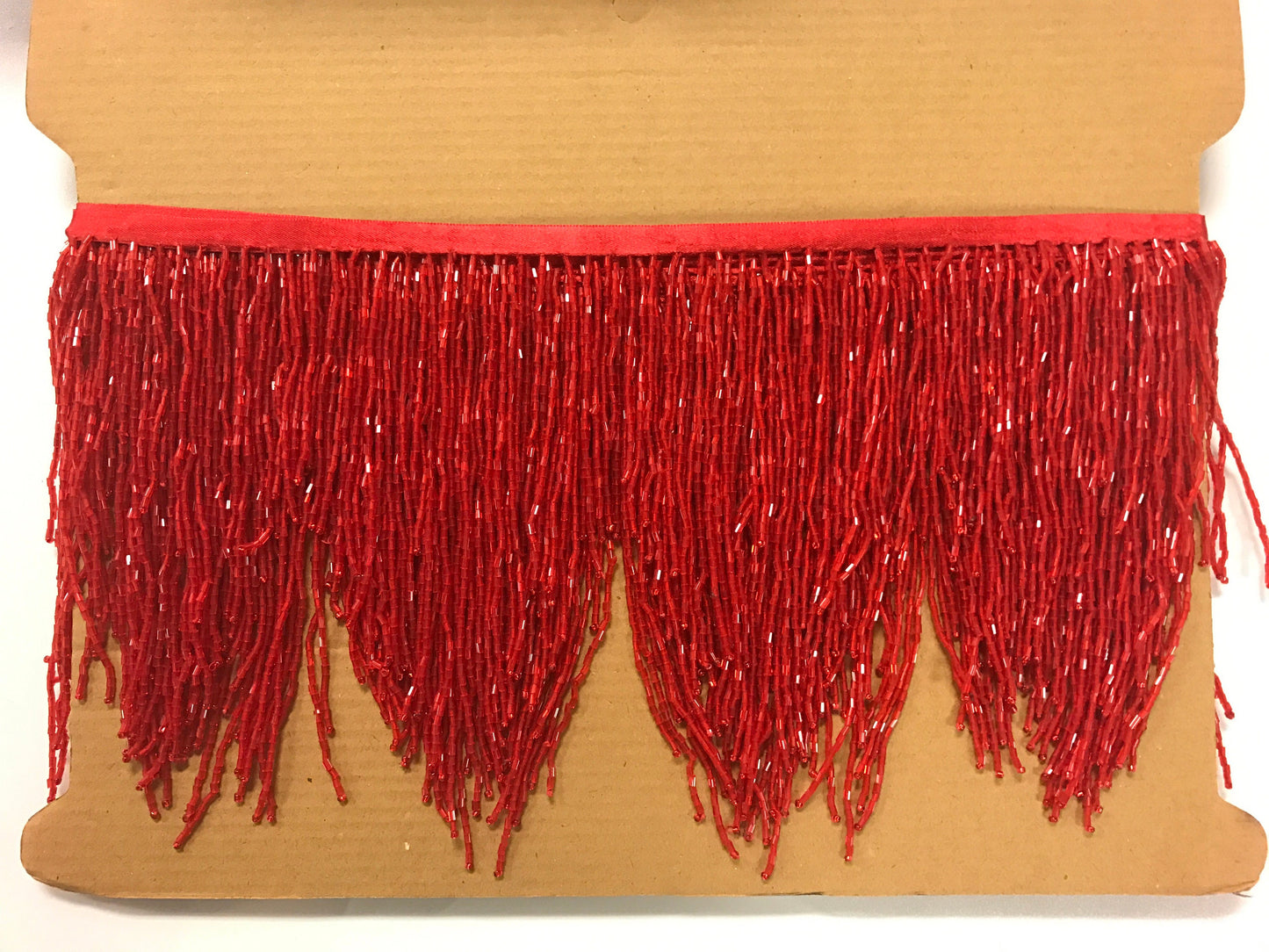 6" RED Glass CHEVRON BUGLE Bead Beaded Fringe Lamp Costume Trim Variegated