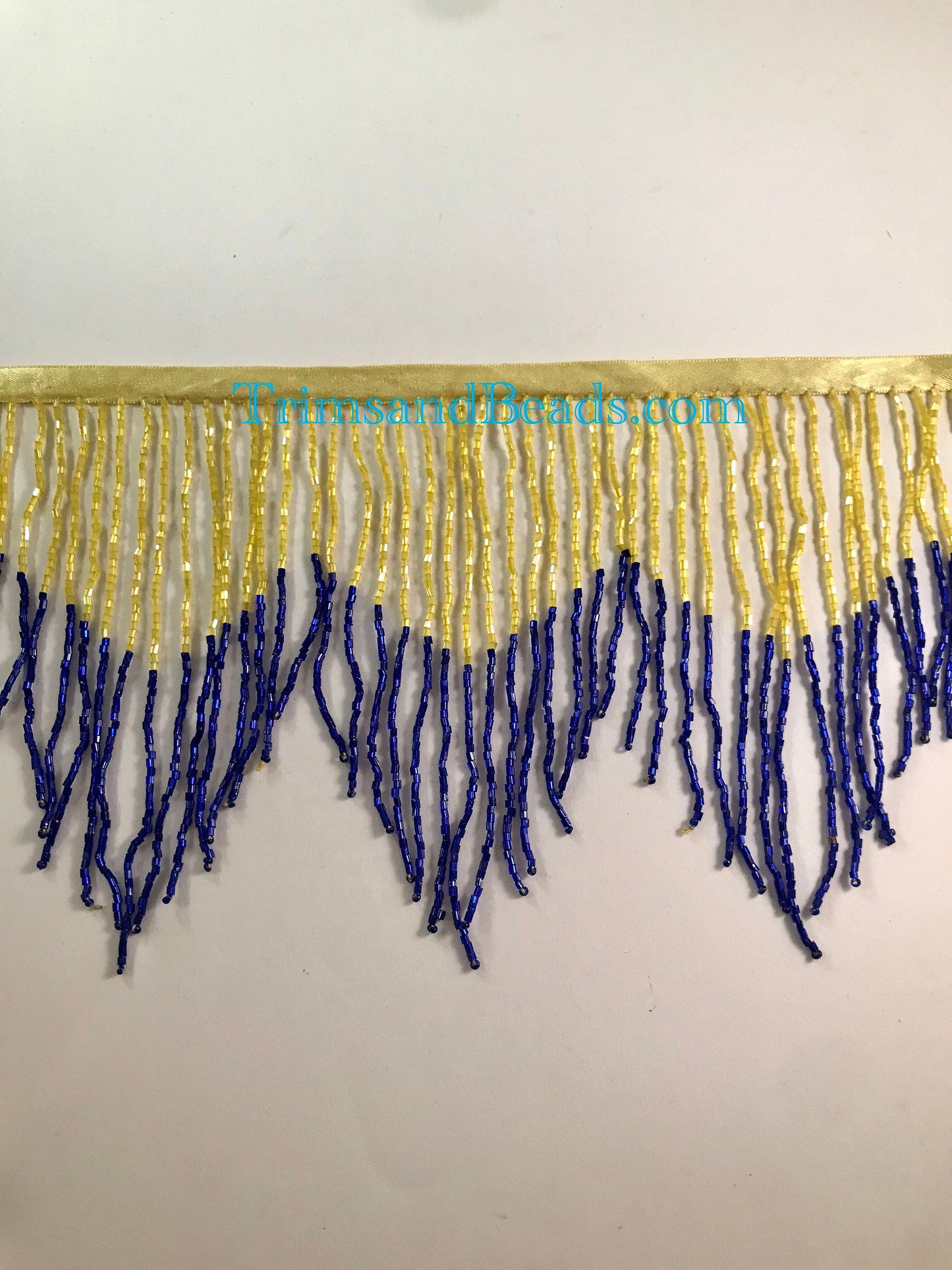 5 Yard Bolt- 6.5/6" Yellow/Royal Blue Sparkling Ombre Ombré CHEVRON Glass BUGLE Bead Beaded Fringe Lamp Costume Trim Variegated