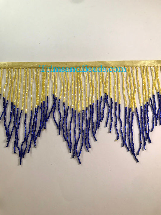 5 Yard Bolt- 6.5/6" Yellow/Royal Blue Sparkling Ombre Ombré CHEVRON Glass BUGLE Bead Beaded Fringe Lamp Costume Trim Variegated