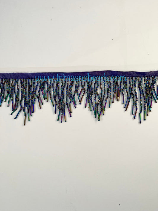 3" Black AB Glass SEED Bead CHEVRON with Tube Bugle Ends Beaded Fringe Trim Variegated