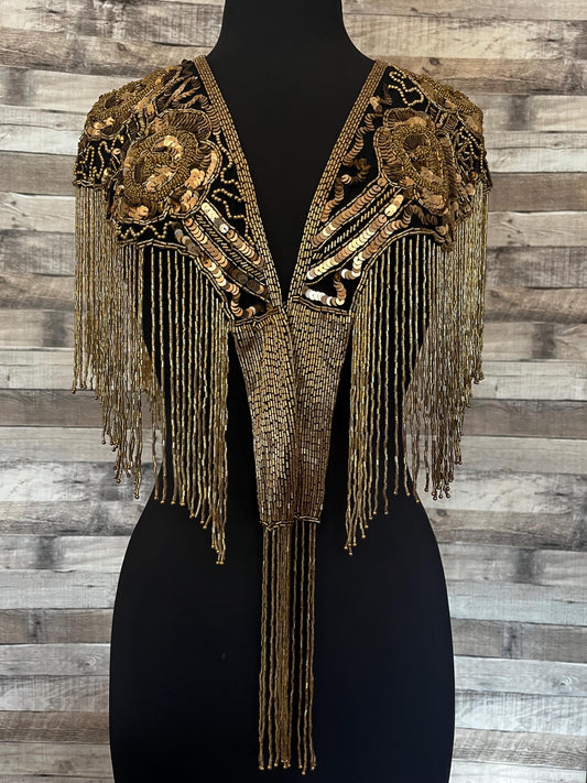 GOLD/BLACK Sequin Glass Rose Beaded & Sequin Lace Collar Shoulder Shrug Shawl Applique Wrap Rodeo Western