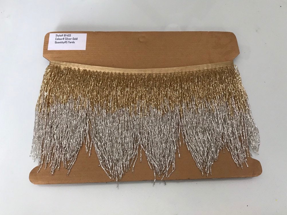 5 Yard Bolt- 6.5/6" Gold/Silver Sparkling Ombre Ombré Chevron Glass BUGLE Bead Beaded Fringe Lamp Costume Trim Variegated