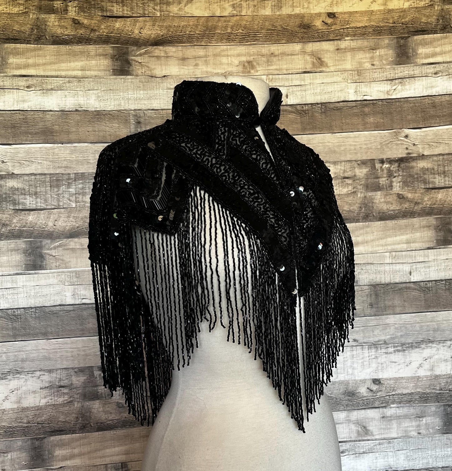 BLACK  Fringe Sequin Glass Beaded & Sequin Collar Shoulder Shrug Shawl Applique Wrap Western Rodeo